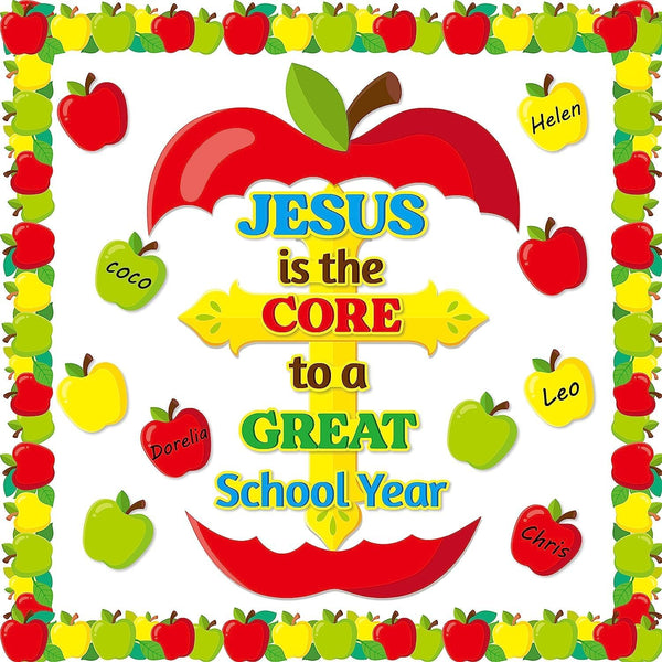 BeYumi 77Pcs Jesus is the Core to a Great School Year Bulletin Board Set, Cross Apple Name Tags for Classroom Decor