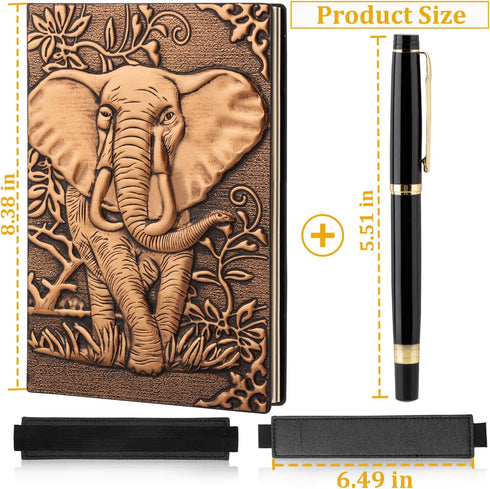 Vintage Elephant Embossed Leather Notebook with Ballpoint Pen/Pen Sleeve,A5 Hardcover Notebook,for Business Notepad/Travel Journal/Family Daily Notepad/Girl's Diary(Red Copper Elephant) by FEIDIAO