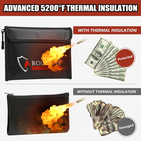 ROLOWAY Fireproof Bag (9.6 x 6.6 inches), 5200 F Heat Insulated, Zippered Fireproof Money Organizer for Cash, 2-Pack
