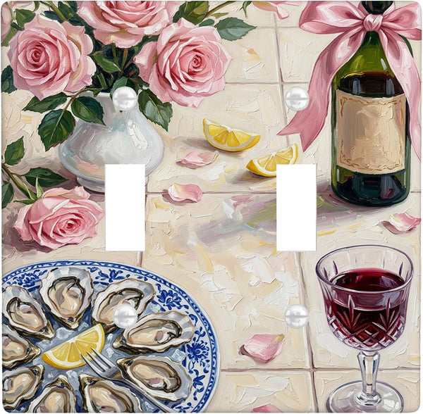 Generic Roses Double Light Switch Cover Plate, Romantic Elegant Wine Bottle Oysters None