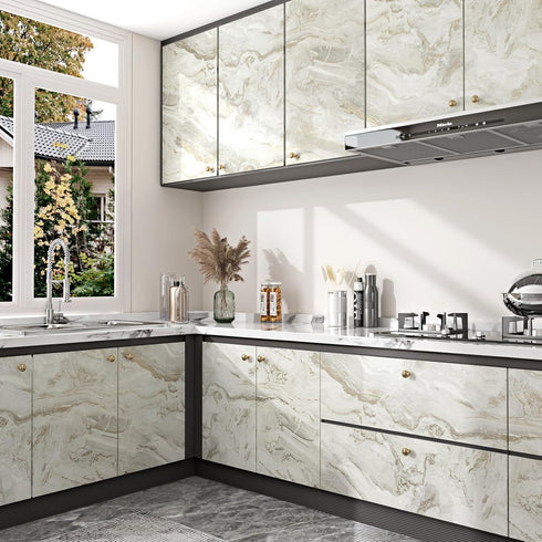 Grey/Gold Marble Contact Paper for Desk Top, Waterproof Peel and Stick Wallpaper for Kitchen Cabinets 15.8x78.7 Inch
