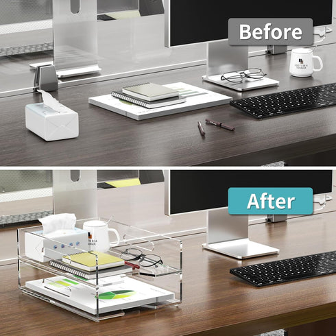 HIIMIEI Clear Acrylic Paper Organizer for Desk, Stackable 2 Tier Letter Tray for Home, School, Office