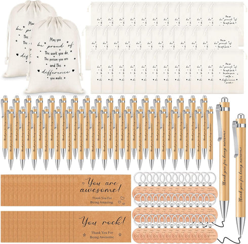 Yeaqee 36 Sets Employee Appreciation Gift, Motivational Burlap Bags, Wood Retractable Pens, Inspirational Keychain