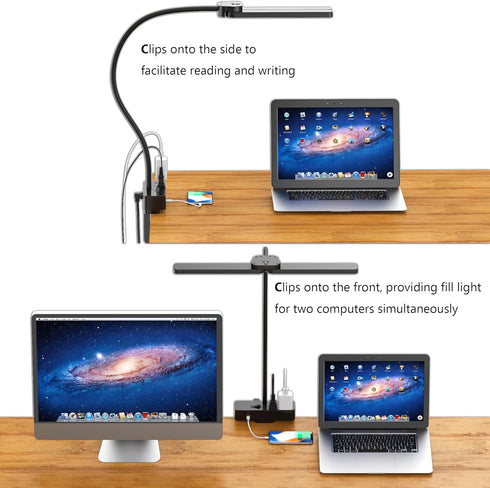 Drevet 2AC&1USB-C 3 3 LED Desk Lamp for Home Office, Eye-Caring Clip-On Desk Light with Flexible Gooseneck, Charging