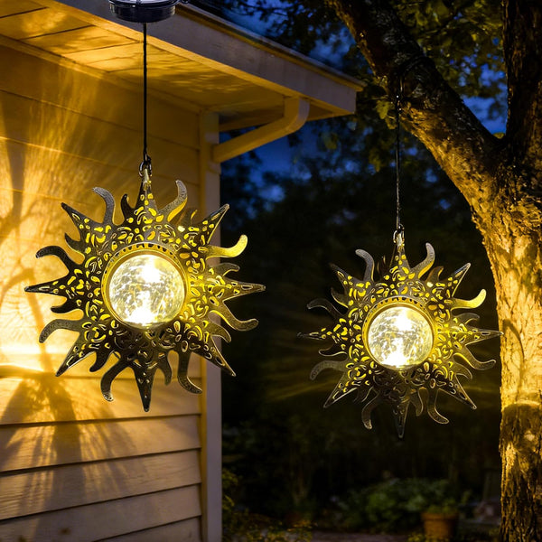 Hanging Solar Lights Outside Lanterns Garden Decorations,2 Pack Metal Sun Outdoor Art