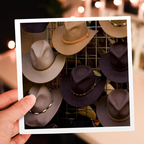 6 6 inches, (gc_92938_5) New Mexico, Santa Fe, Plaza, Cowboy Hats on Display - Greeting Card, x single