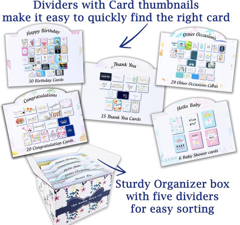 T&M Quality Designs LLC 100 5x7 Inch 100 All Occasion Cards Assortment Box with Envelopes and Stickers - Large Bulk