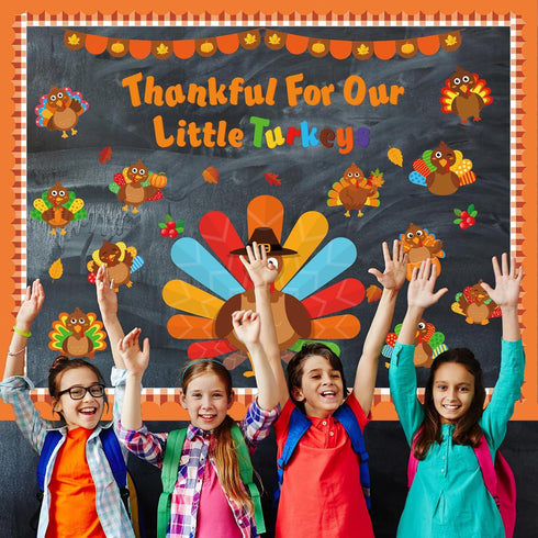 Thanksgiving Turkey Bulletin Board Set, Fall Classroom Decoration with Autumn Maple Leaves Cutouts