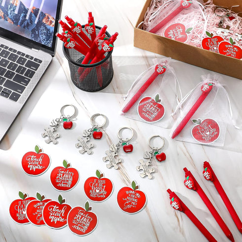 Sinload 24 Sets Thank You Gifts for Teacher Apple Ballpoint Pens Keychain Apple Card Teacher Appreciation Gifts