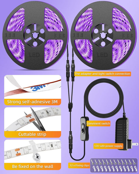 IP65 40ft/12M 720 12V 385-400nm, Waterproof LED Black Light Strip Kit LEDs, Flexible Blacklight Fixtures, Black Light