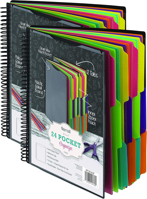 Samsill 2 Pack Deluxe 24 Pocket Spiral Project Folder Organizer with 12 Dividers and Zipper Pouch in Fashion Colors