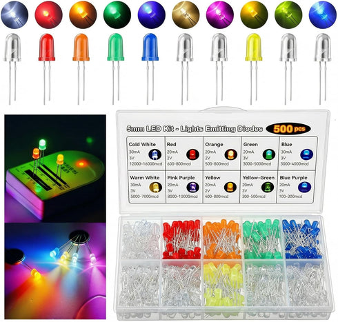 ElectricWise 10 Colors 500 Pcs 5mm LED Lights Emitting Diodes Assored Kit Pack