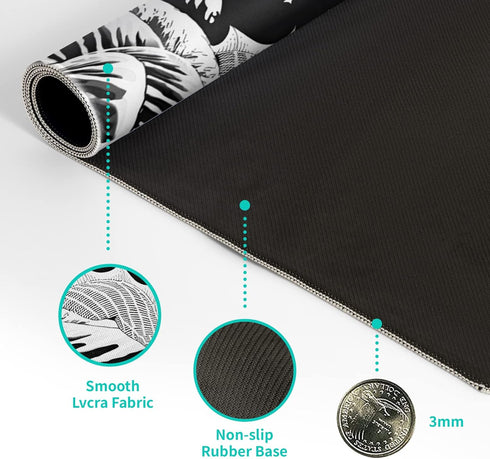 Black and White Japanese Wave Dragon Gaming Mouse Pad - Abstract Non-Slip Rubber Base, 31.5x11.8 Inch, Stitched Edges