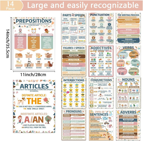 ZOIIWA 14 PCS Boho Parts of Speech Posters, Classroom Decorations, Boho Grammar Posters for School Decor