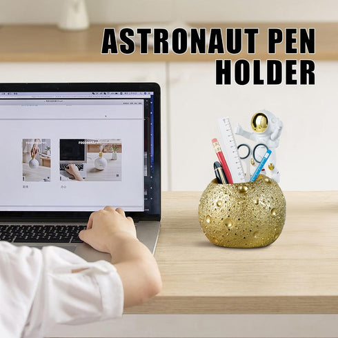 Kimdio Pen Holder - Astronaut Stand for Desk Pencil Holder, Resin Moon Organizer for Office, Classroom, Home - Gold