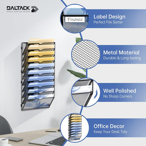 DALTACK Wall File Organizer, 10 Tier Hanging File Organizer for Papers, Folders, Clipboard, Office Cubicle Storage,