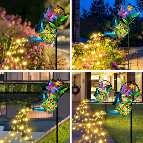 Solar Watering Can with Lights, Waterproof Solar Lantern with Butterfly Shepherd Hook, Hanging Garden Lights for Patio