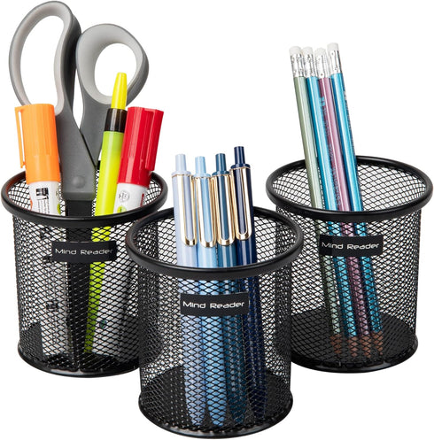 Mind Reader Pen and Accessories Holder, Set of 3, Metal Mesh Desktop Organizer, Black