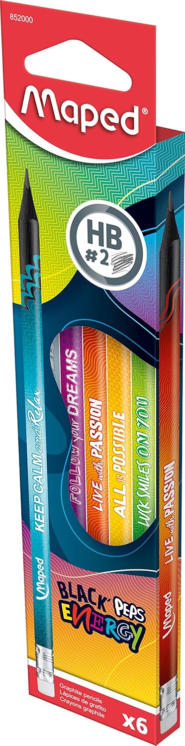 Maped 852000 Ergonomic Three-Sided Pencils Black'Peps Energy with Eraser Head, Pack of 6