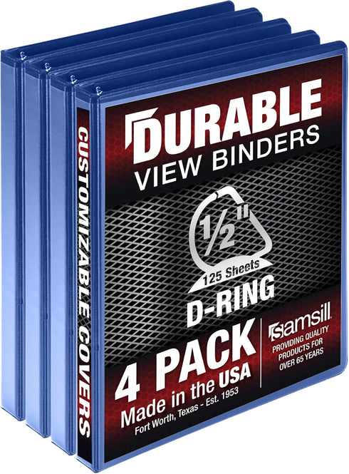 Samsill 0.5 Inch Durable D Ring Binder, Customizable Clear View Binder, Made in The USA, Blue, 4 Pack, Holds 125 Pages