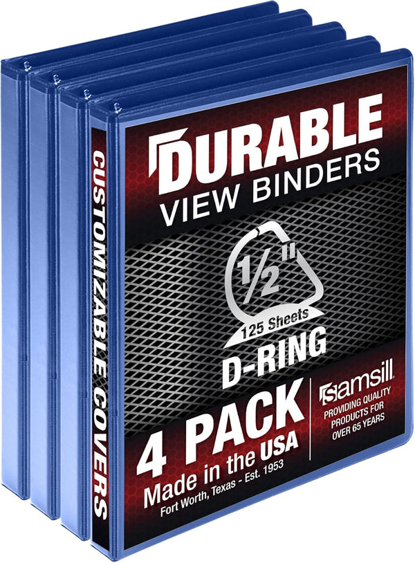 Samsill 0.5 Inch Durable D Ring Binder, Customizable Clear View Binder, Made in The USA, Blue, 4 Pack, Holds 125 Pages