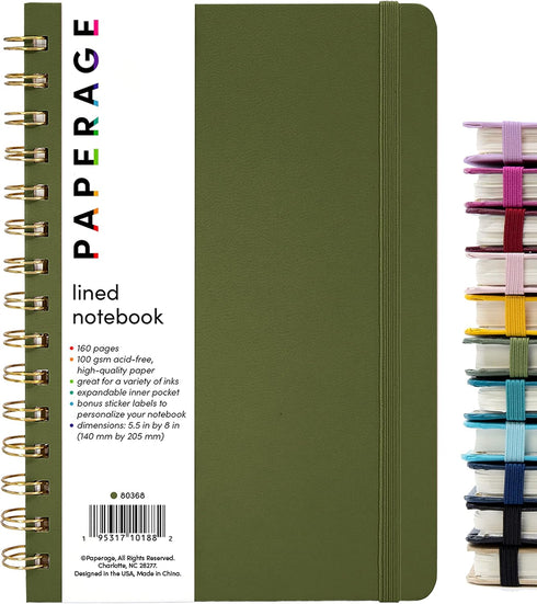PAPERAGE Lined Spiral Journal Notebook, Olive Green, 160 Pages, Medium 5.5 inches x 8 inches, 100 GSM Thick Paper,