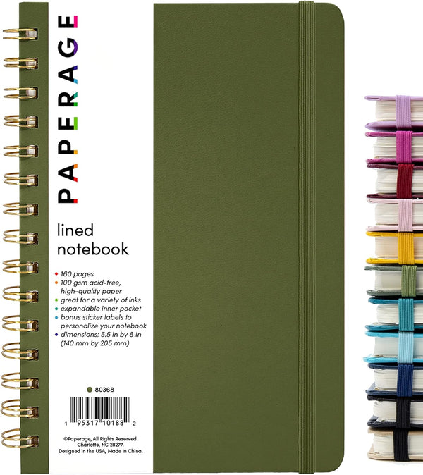 PAPERAGE Lined Spiral Journal Notebook, Olive Green, 160 Pages, Medium 5.5 inches x 8 inches, 100 GSM Thick Paper,