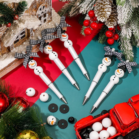 Beadable Pens Bulk - Winter Bead Pens with Snowmen Wooden Beads, Black Ink Pen for Christmas Kids School Supplies