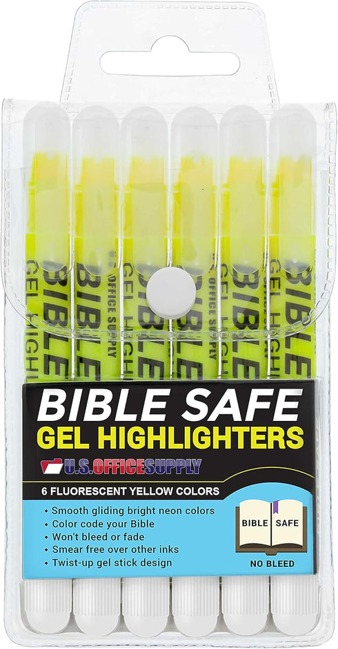 U.S. Office Supply Bible Safe Highlighter Set of 6, Yellow Fluorescent Markers, No Bleed, Fade or Smear, Safe Gel