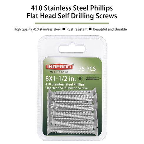 #8 x 1-1/2" Self Drilling Screw, Stainless Steel 410, Flat Head Phillips Wood Screw, 75 Pcs