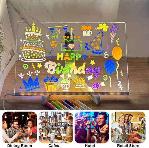 LED Acrylic Note Board with Light, 11.81 x 7.87", Clear Dry Erase Board with 7 Colors Pen for Home, School