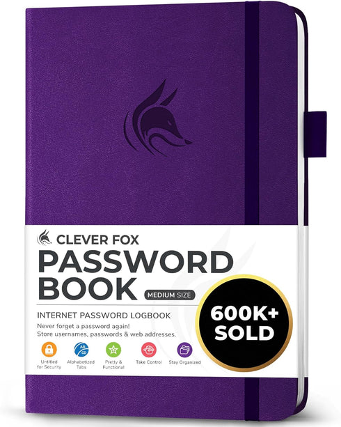 Clever Fox Password Book with Alphabetical Tabs - Internet Address Organizer Logbook, Medium Password Keeper (Purple)