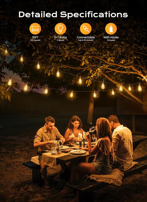 30FT 11+1 ST38 Dimmable IP65 Brightown Outdoor String Lights, LED LED Patio Lights Shatterproof, Waterproof Connectable