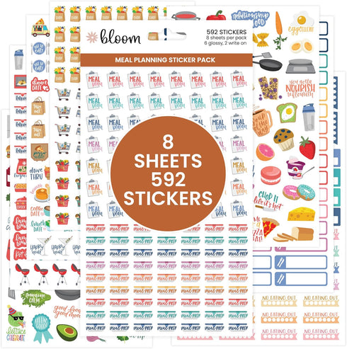 bloom daily planners Meal Planning Stickers - 8 Sheets / 592 Stickers for Menu Prepping and Grocery Shopping