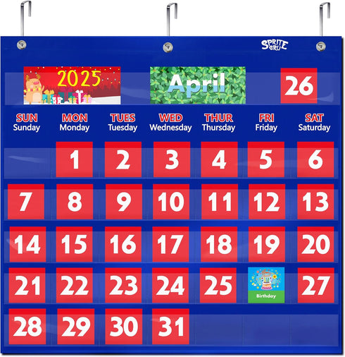 Blue Calendar Pocket Chart with 76 Cards - 68 Illustrated Activity Cards, 8 Dry Erasable Flash Cards & 3 Hooks
