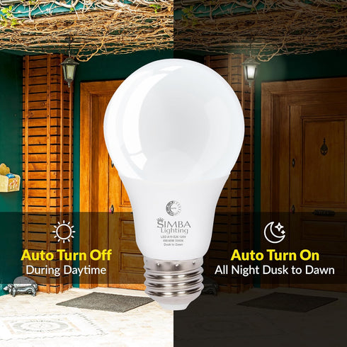 Bulbs (2 Pack) A19 6W 40W E26 5000K Simba Lighting LED Outdoor Light with Photocell Sensor Dusk to Dawn Smart Auto On