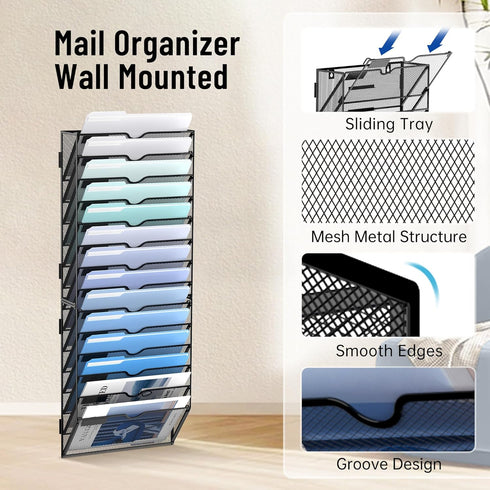 Wall File Organizer, 14 Tier Hanging Wall File Holder, Mail Organizer Wall Mounted for File Folder, Black 2 Pack