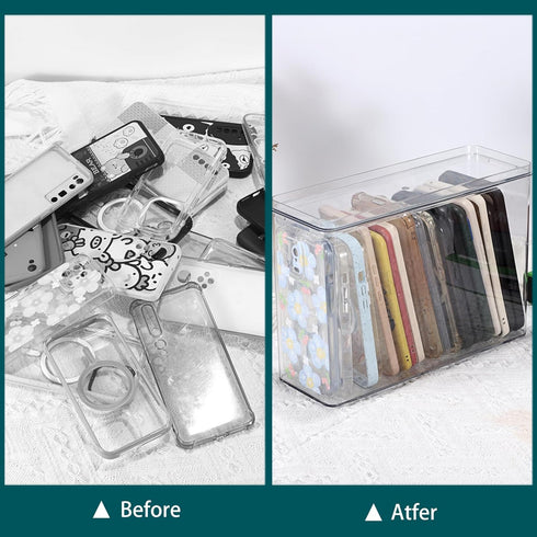 BTSKY Clear Phone Case Organizer Stackable Storage Box with Lid for Cell Phone Cases Multifunctional Phone Case Storage Holder for Desk Accessories Plastic Storage Box for Table, Cupboard, Cabinet