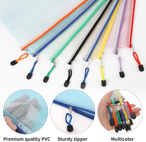 EOOUT 16pcs Mesh Zipper Pouch, Waterproof Zip File Bags for Organizing School and Office Supplies, A4 Size