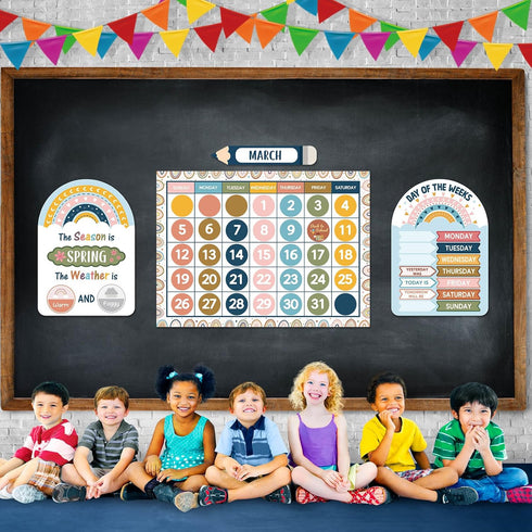 Calendar Bulletin Board Set - Seasons Weather Chart CTP Display with Stickers for School Classroom (Rainbow Style)