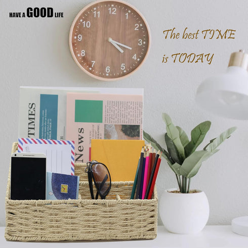 Rattan Mail Organizer for Countertop, Desk, and Bills - Woven Basket, Magazine Holder, and Accessories - Beige