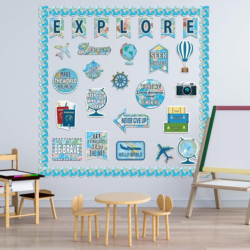 gisgfim Travel the Map Bulletin Board Set - Motivational Sign Cutouts, World Map Adventure Decor for Classroom