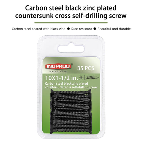 #10 x 1-1/2" Phillips Flat Head Self Drilling Screws - 35Pcs Black Zinc Plated Carbon Steel Countersunk Flat Head Wood