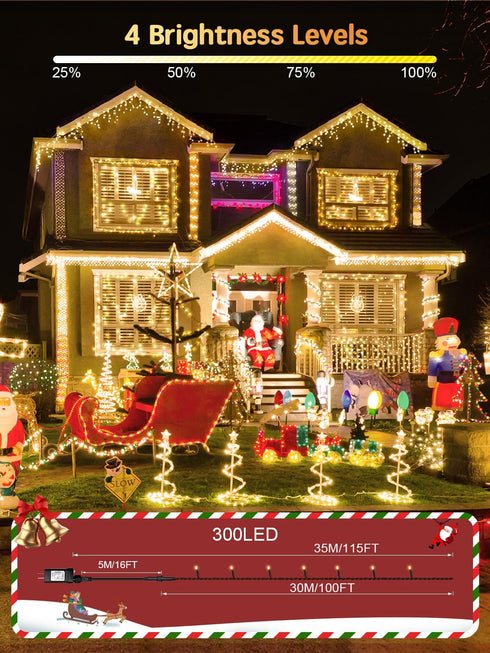 300 115FT 8 IP65 Acan LED String Lights Outdoor, Christmas Tree Lights Warm White with Remote Control, Modes Fairy