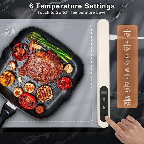 6 Settings, 6H FYY Warming Mat for Food - Rapid and Full Surface Heating, Temp Timer, Rollable Portable Food Warming