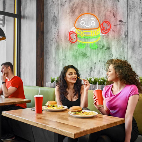Dimmable Snack(12.6 14.96In) Boxing Hamburger Neon Sign Food Burger Neon Light Hamburg Boxing Led Light Sign for Wall