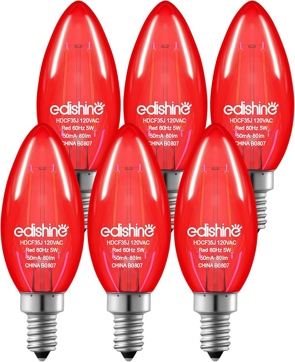 EDISHINE Dimmable Red Light Bulb, 5W Equivalent, 60W, E12 Socket, 6 Pack