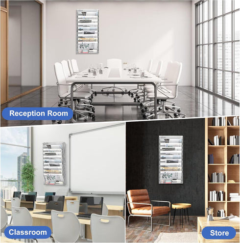 EasyPAG Mesh Wall File Holder, 11 Tier Office Hanging File Organizer, Silver Magazine Mails Rack for Papers and