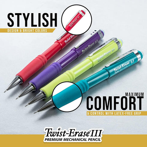 Pentel Mechanical Pencil 0.5 mm, Twist Erase III with Pre-Loaded Super Hi-Polymer HB Lead, 3-Pack