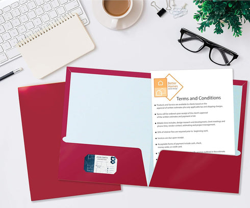 Better Office Products 25 Pack 2 Pocket Glossy Laminated Burgundy Red Paper Folders, Letter Size
